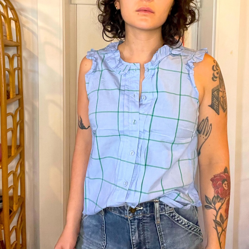 JCREW blue and green grid blouse